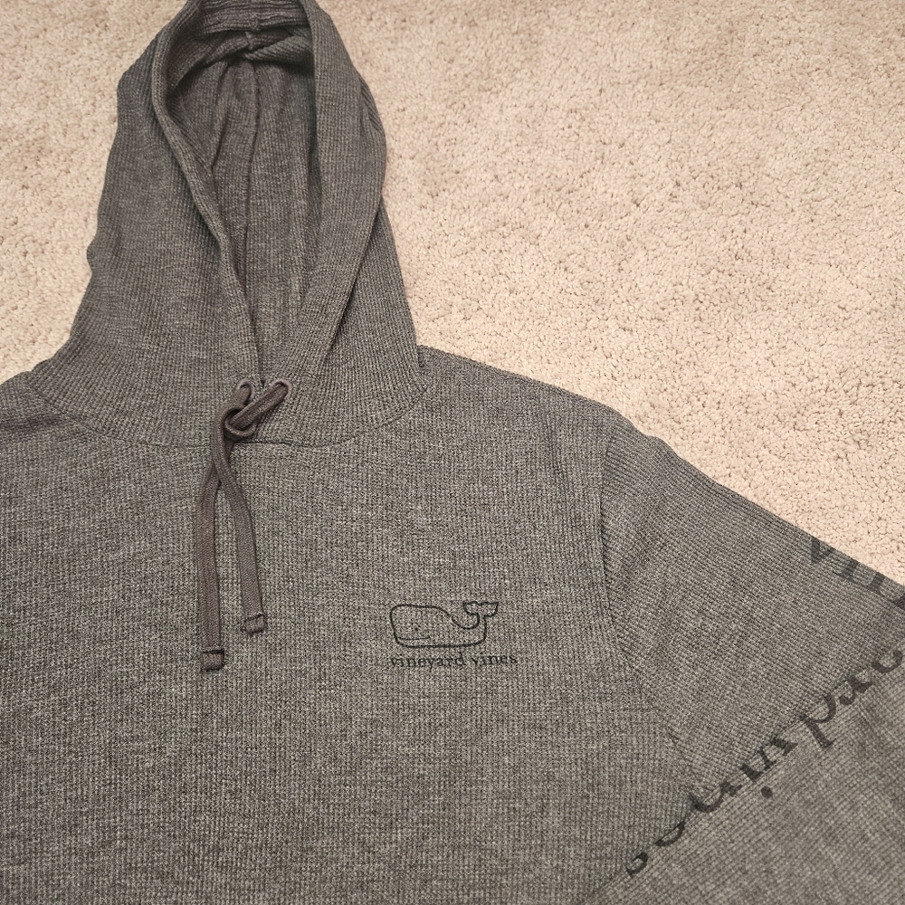 Vineyard Vines Grey Thermal Hoodie Mens M Waffle Knit Whale Logo Long Sleeve